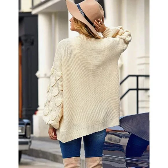 Off White Cable Knit Chunky Pom Pom Open Front Oversized Sweater Cardigan Coat - Picture 4 of 6